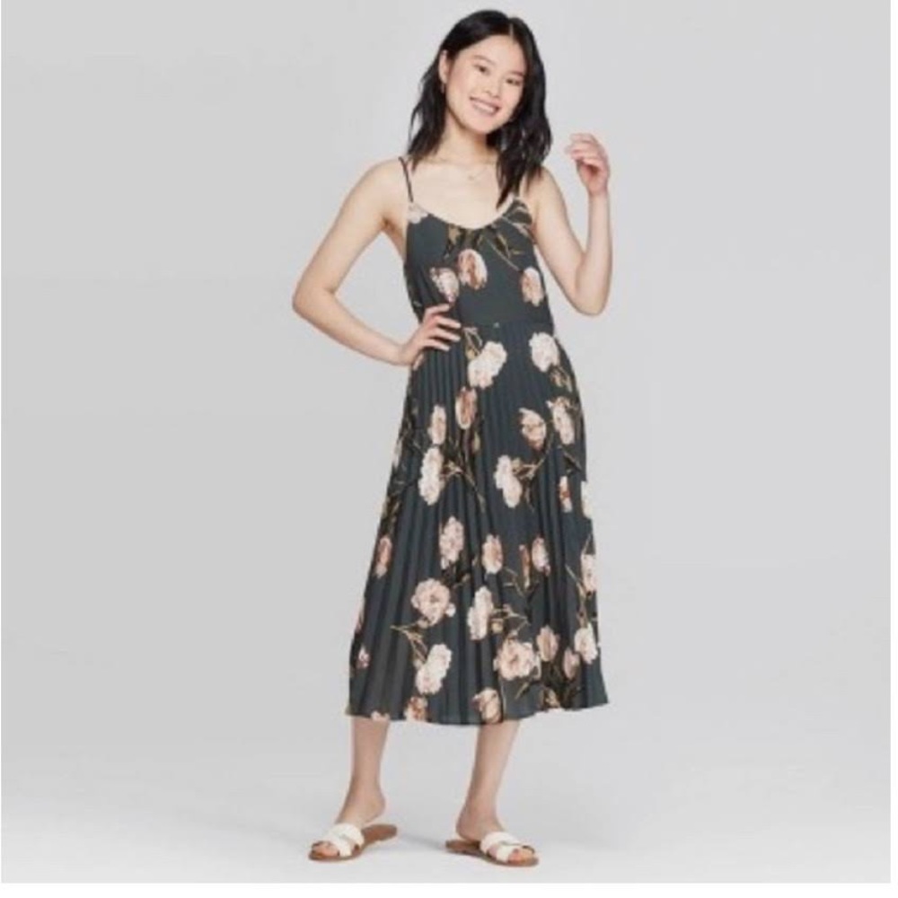 A New Day Green Floral Pleated Dress
